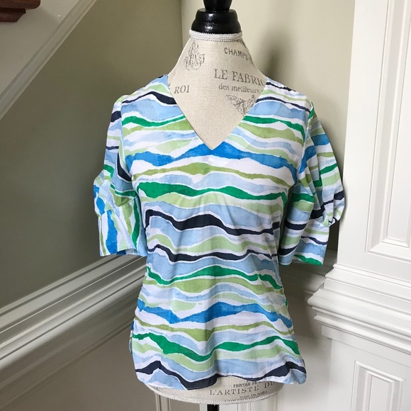 Charlotte Brody Blouse Top Shirt Womens XS Blue White Green 3/4 Sleeve V-Neck - Picture 12 of 12